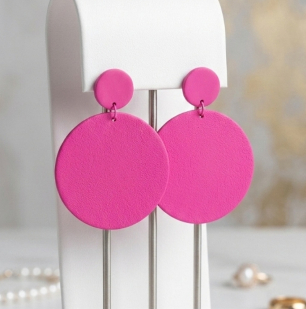 Vibrant Pink Circle Earrings. - Picture 2 of 5